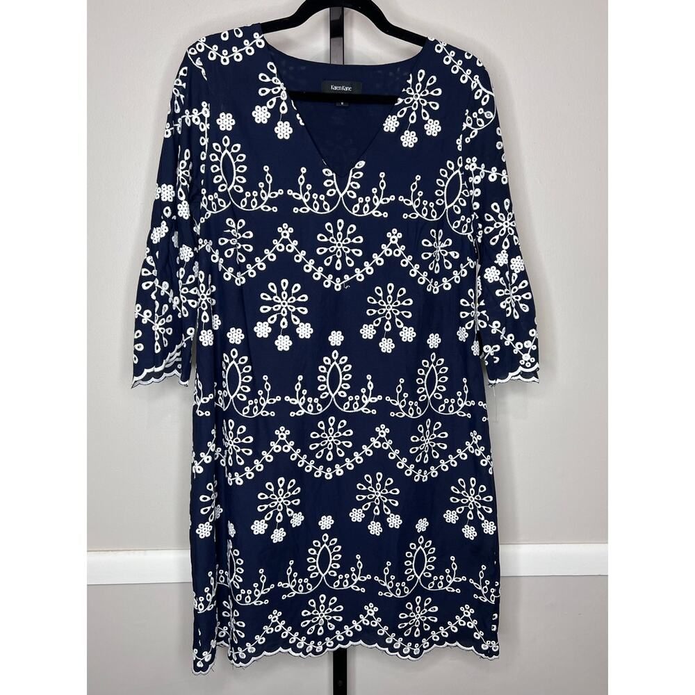 Karen Kane Boardwalk Embroidered Dress Navy Ivory Scallop Hem Medium NWT - Picture 3 of 11